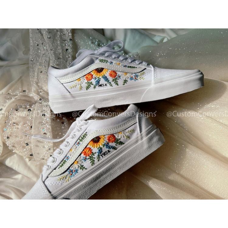 Custom Vans Sunflower, Embroidered Vans Colorful Flower Garden