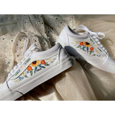 Custom Vans Sunflower, Embroidered Vans Colorful Flower Garden