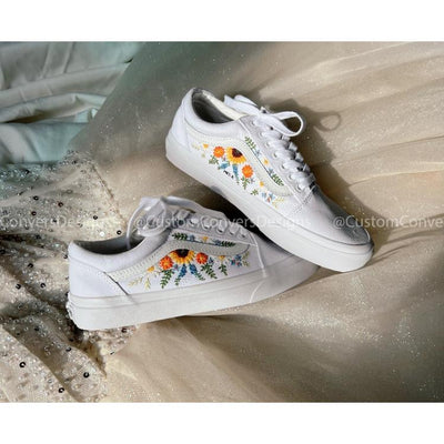 Custom Vans Sunflower, Embroidered Vans Colorful Flower Garden