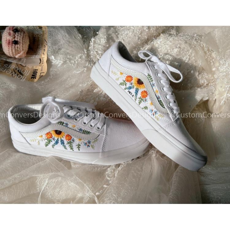 Custom Vans Sunflower, Embroidered Vans Colorful Flower Garden