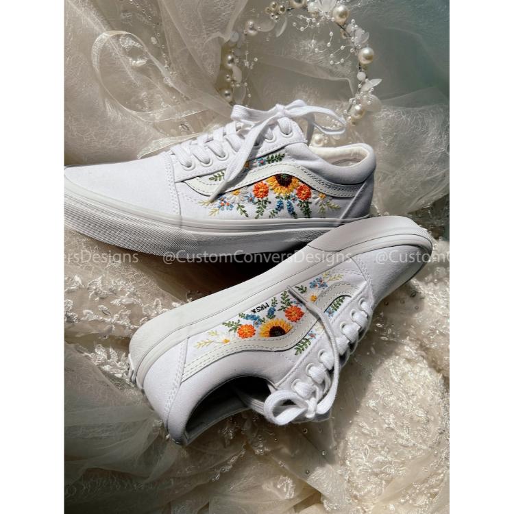 Custom Vans Sunflower, Embroidered Vans Colorful Flower Garden