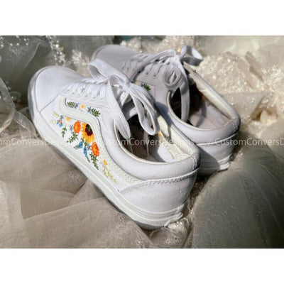 Custom Vans Sunflower, Embroidered Vans Colorful Flower Garden