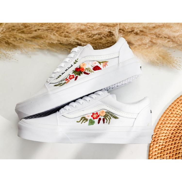 Custom Wedding Vans Shoes, Bridal Flowers Embroidered Vans