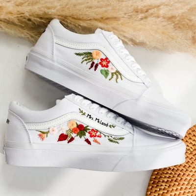 Custom Wedding Vans Shoes, Bridal Flowers Embroidered Vans