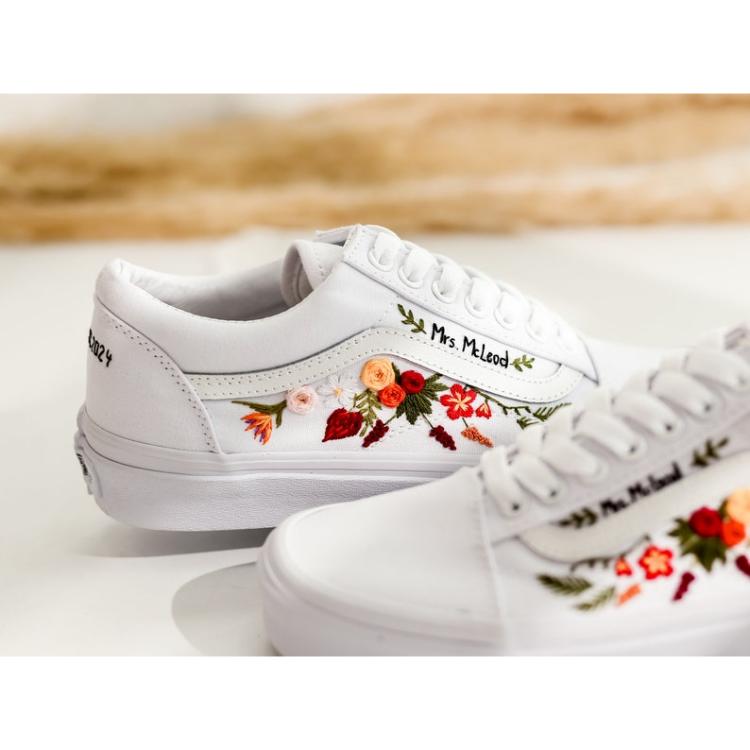 Custom Wedding Vans Shoes, Bridal Flowers Embroidered Vans