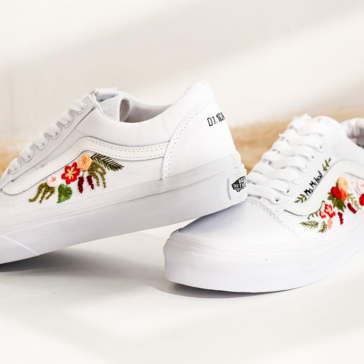 Custom Wedding Vans Shoes, Bridal Flowers Embroidered Vans