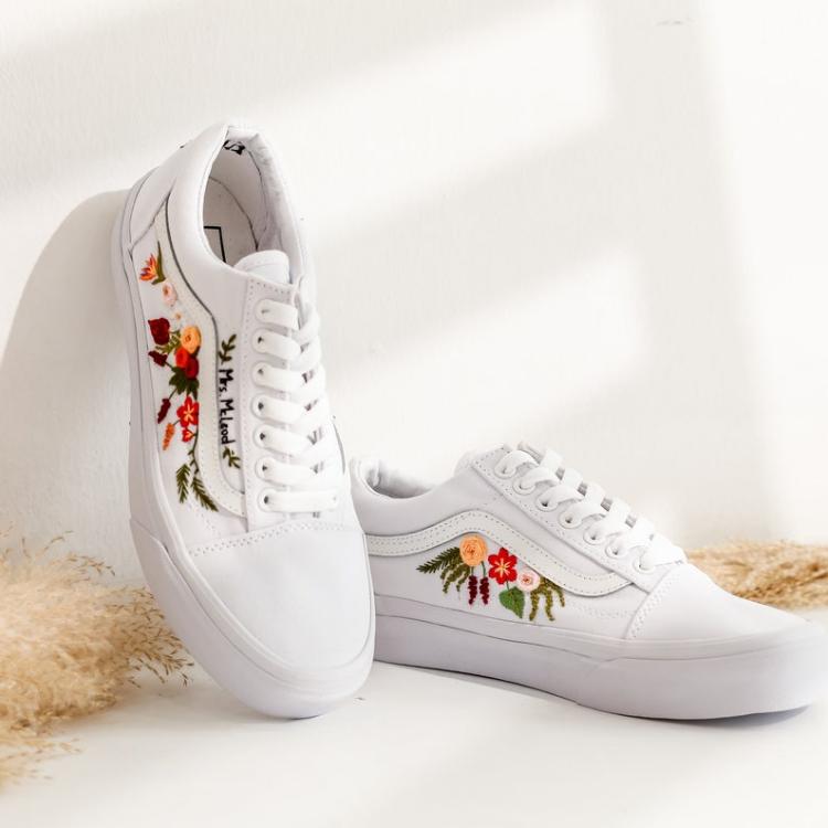 Custom Wedding Vans Shoes, Bridal Flowers Embroidered Vans