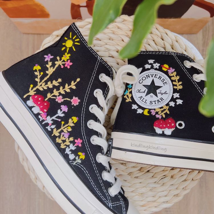 Converse Embroidered With Unique, Mushrooms and Flowers