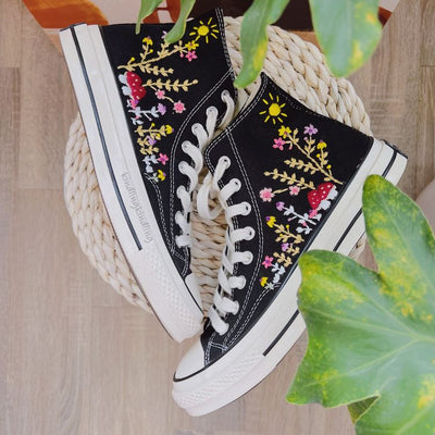 Converse Embroidered With Unique, Mushrooms and Flowers