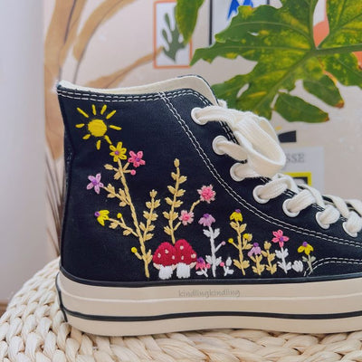 Converse Embroidered With Unique, Mushrooms and Flowers