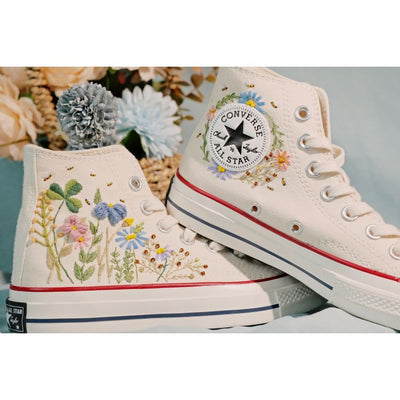 Converse  small flower embroidered shoes, custom wreath embroidery