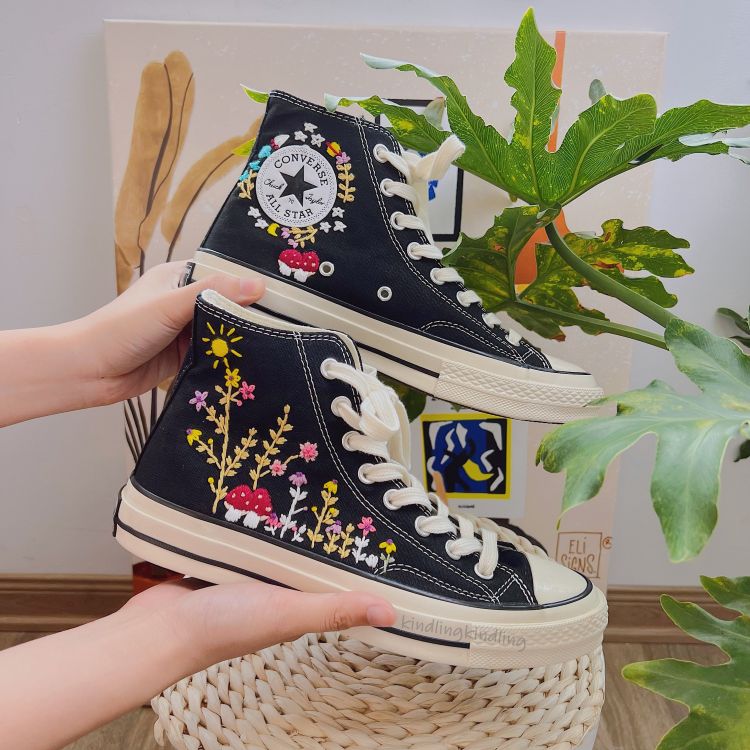 Converse Embroidered With Unique, Mushrooms and Flowers