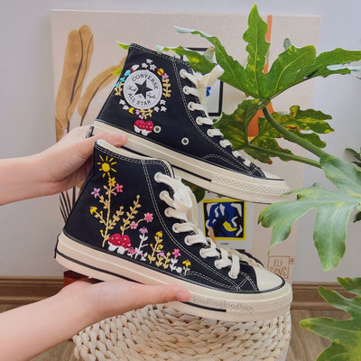 Converse Embroidered With Unique, Mushrooms and Flowers