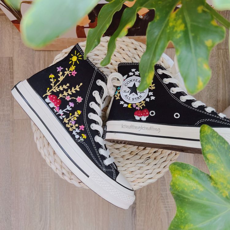 Converse Embroidered With Unique, Mushrooms and Flowers