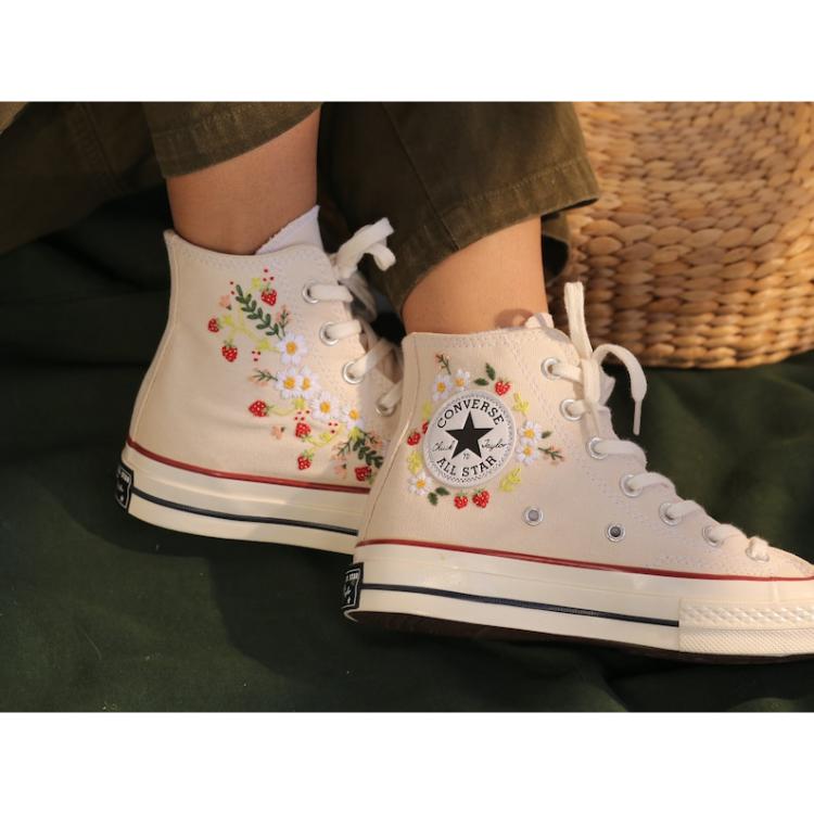 Strawberry Converse Shoes, Embroidered with Red Strawberry