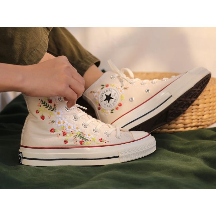 Strawberry Converse Shoes, Embroidered with Red Strawberry