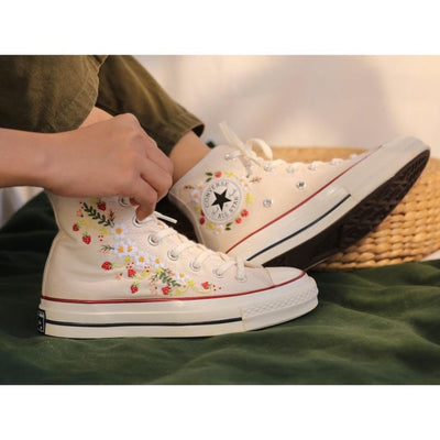 Strawberry Converse Shoes, Embroidered with Red Strawberry