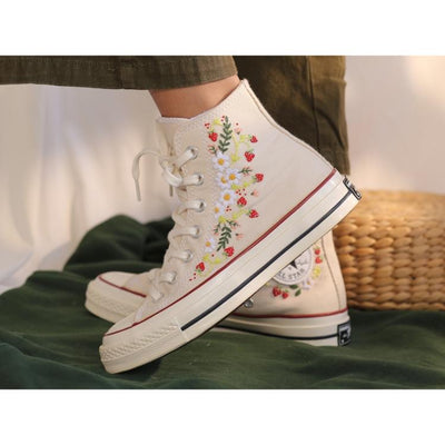 Strawberry Converse Shoes, Embroidered with Red Strawberry