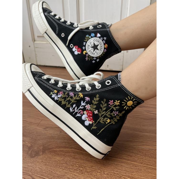 Converse embroidered spaceships, red mushrooms, colorful flower