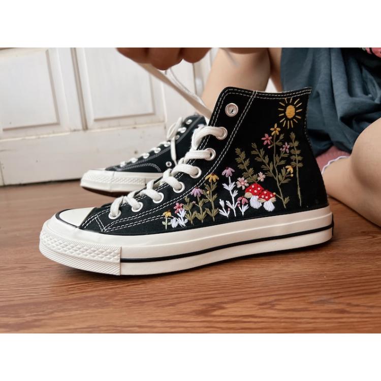 Converse embroidered spaceships, red mushrooms, colorful flower