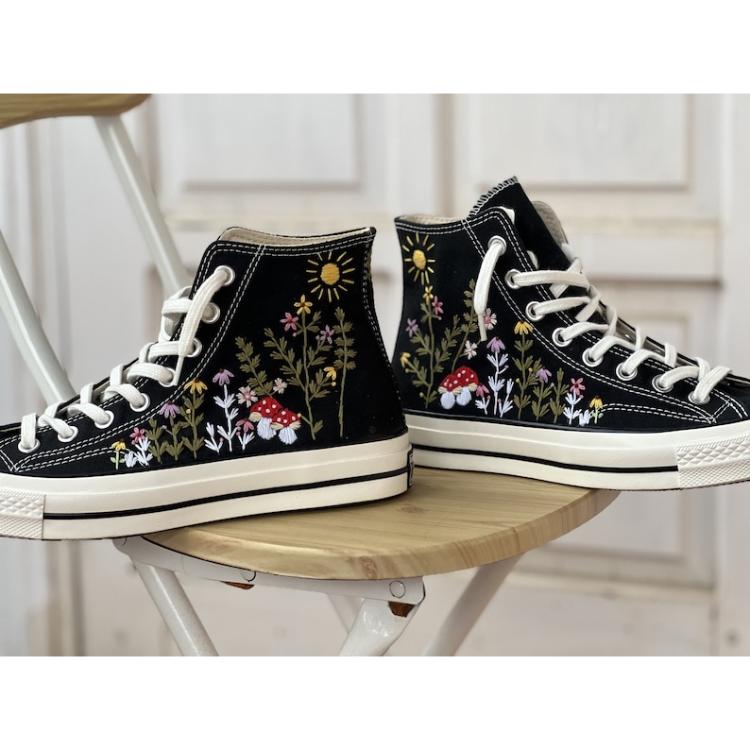 Converse embroidered spaceships, red mushrooms, colorful flower