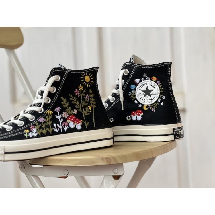 Converse embroidered spaceships, red mushrooms, colorful flower