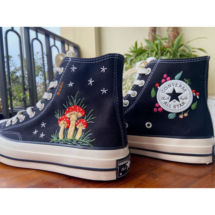 Midnight Mushroom Converse Custom, Mushroom and Floral Embroidered