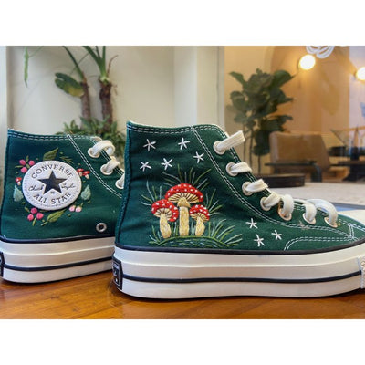 Midnight Mushroom Converse Custom, Mushroom and Floral Embroidered