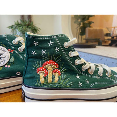 Midnight Mushroom Converse Custom, Mushroom and Floral Embroidered