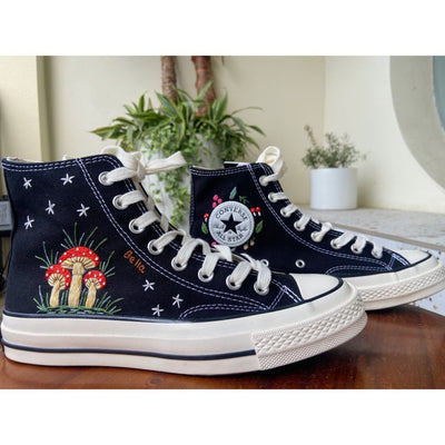 Midnight Mushroom Converse Custom, Mushroom and Floral Embroidered