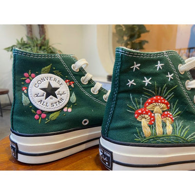 Midnight Mushroom Converse Custom, Mushroom and Floral Embroidered