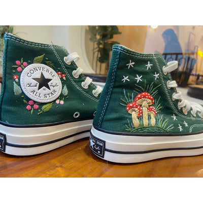 Midnight Mushroom Converse Custom, Mushroom and Floral Embroidered