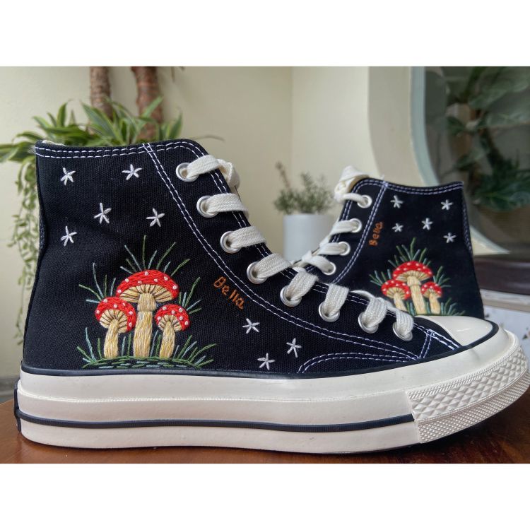 Midnight Mushroom Converse Custom, Mushroom and Floral Embroidered