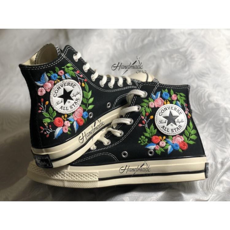 Flower Converse Handmade, Wedding Sneakers, Custom Embroidery Shoes