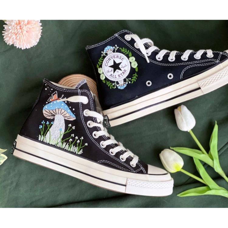 Embroidered Converse, Embroidered Blue Mushrooms