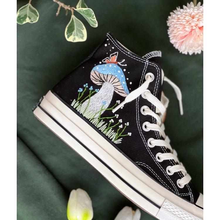 Embroidered Converse, Embroidered Blue Mushrooms