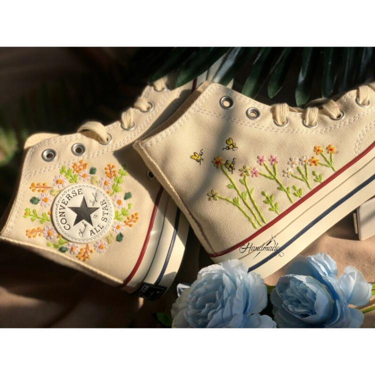 Flower Converse Handmade, Wedding Sneakers, Custom Embroidery Shoes