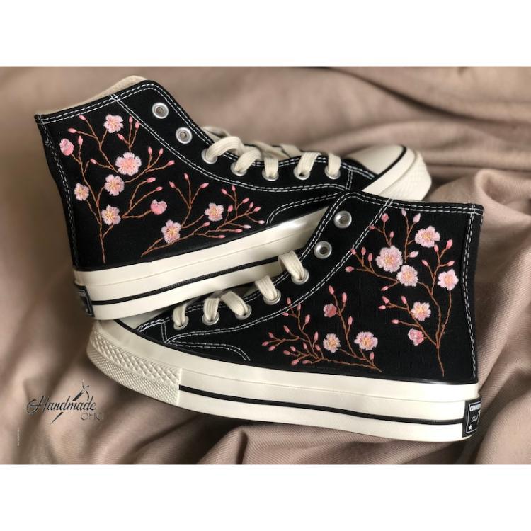 Flower Converse Handmade, Wedding Sneakers, Custom Embroidery Shoes