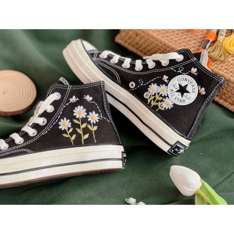 Daisy Converse, Custom Converse High Tops Embroidered Bee and Daisy