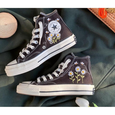 Daisy Converse, Custom Converse High Tops Embroidered Bee and Daisy