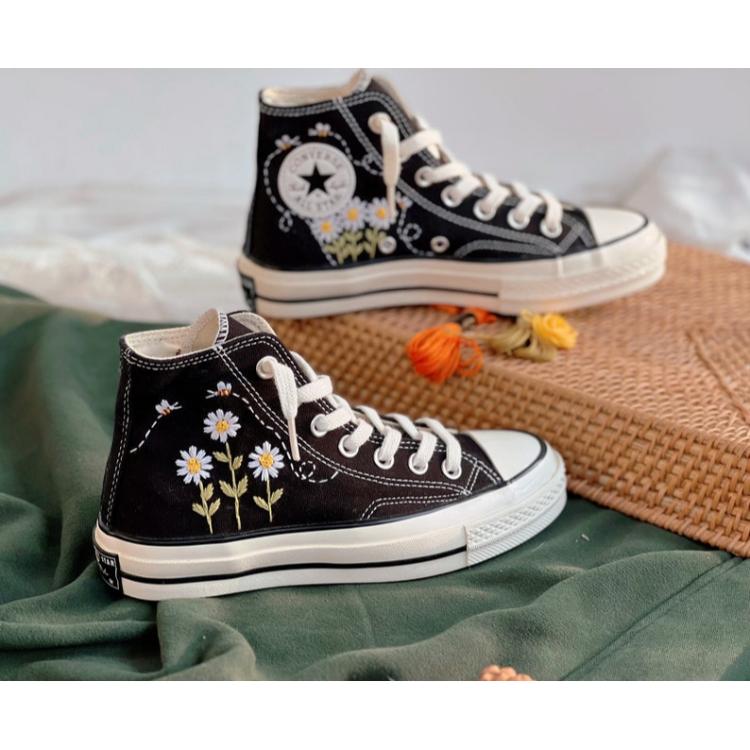 Daisy Converse, Custom Converse High Tops Embroidered Bee and Daisy