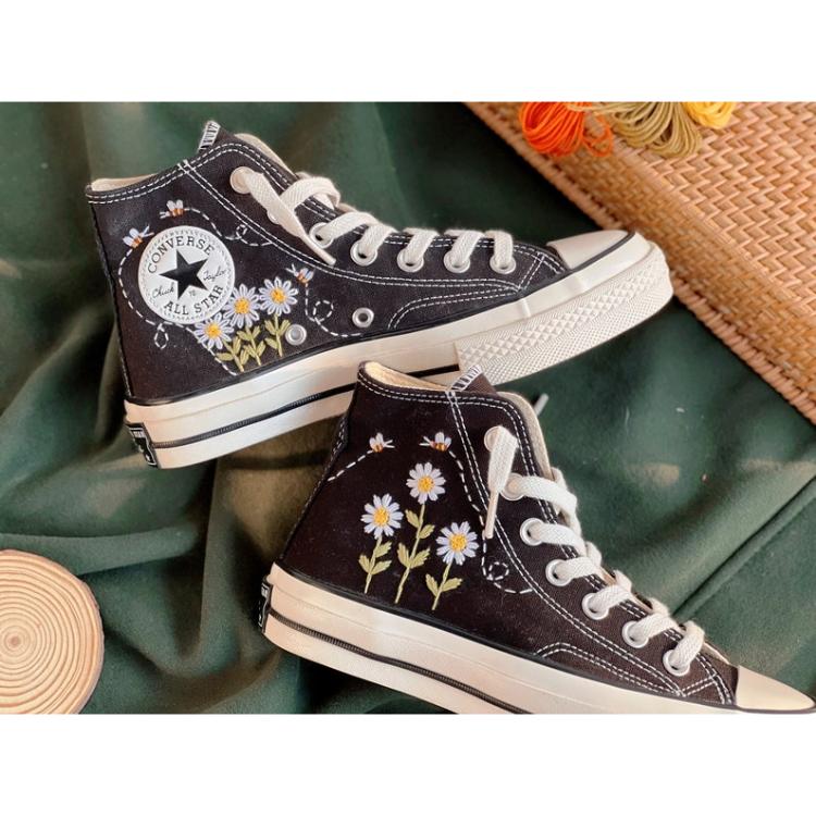 Daisy Converse, Custom Converse High Tops Embroidered Bee and Daisy