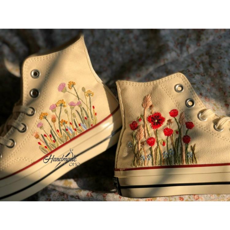 Flower Converse Handmade, Wedding Sneakers, Custom Embroidery Shoes