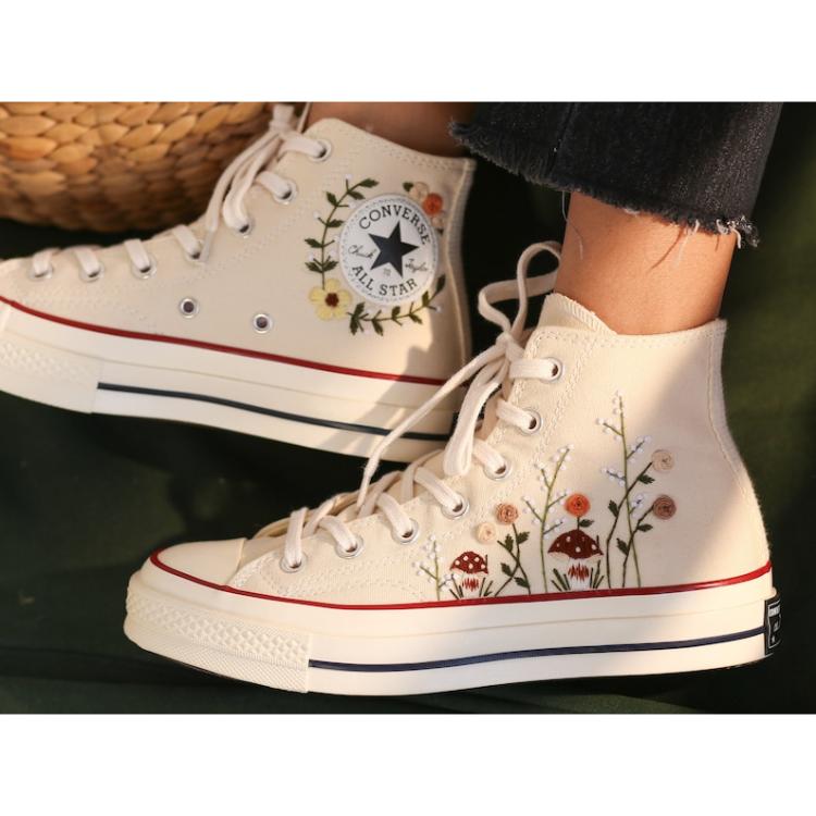 Floral Mushroom Embroidered Sneakers, Red Mushroom White Converse