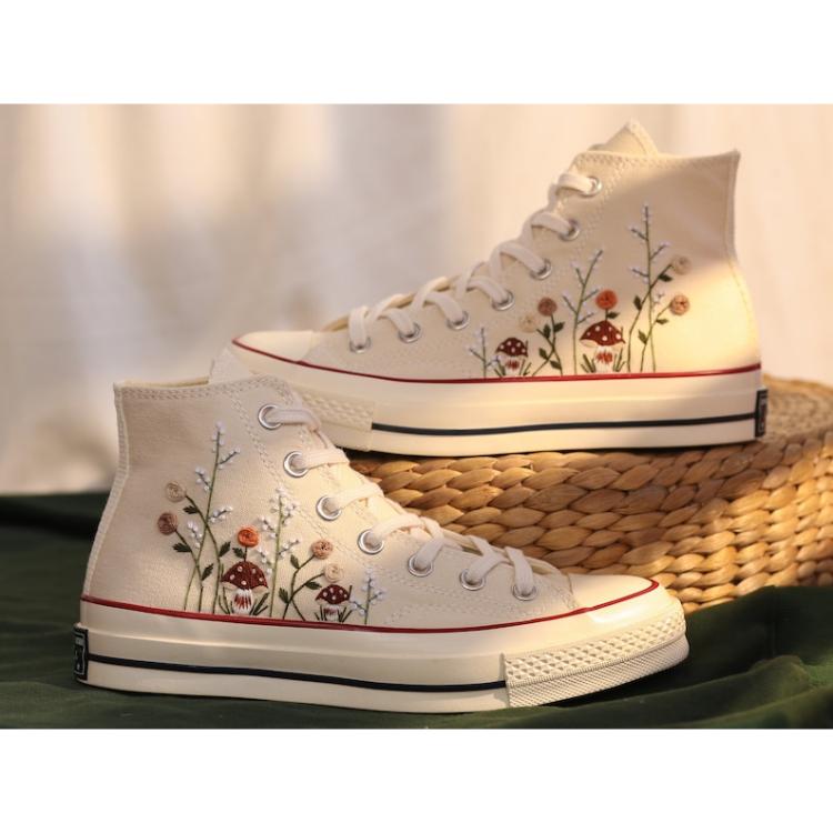 Floral Mushroom Embroidered Sneakers, Red Mushroom White Converse