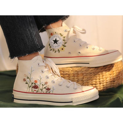 Floral Mushroom Embroidered Sneakers, Red Mushroom White Converse