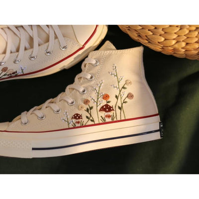 Floral Mushroom Embroidered Sneakers, Red Mushroom White Converse