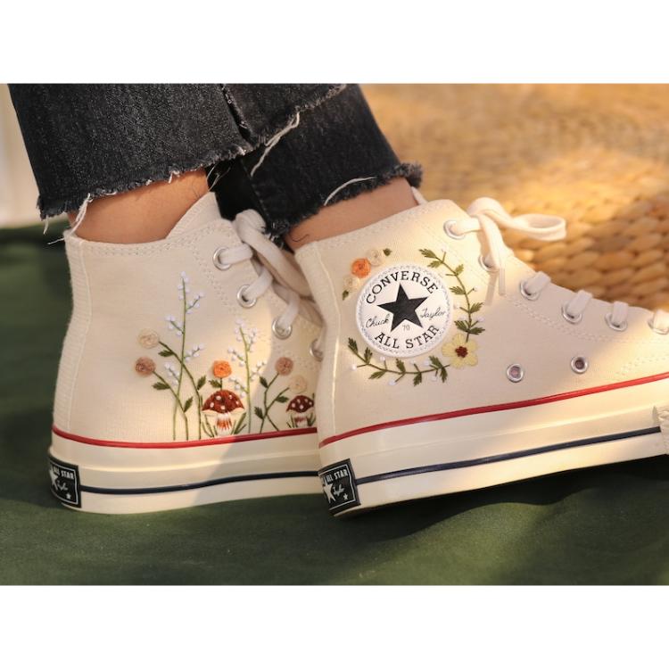 Floral Mushroom Embroidered Sneakers, Red Mushroom White Converse