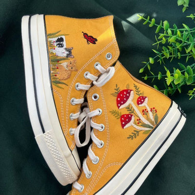 Embroidered Red Mushrooms And Butterfly ,Embroidered Converse Chuck