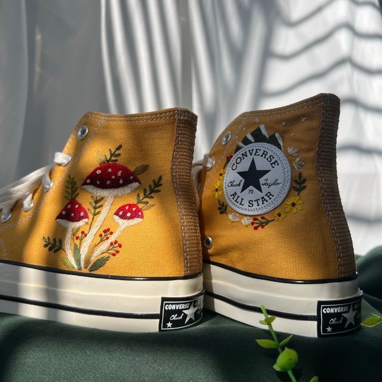 Embroidered Red Mushrooms And Butterfly ,Embroidered Converse Chuck